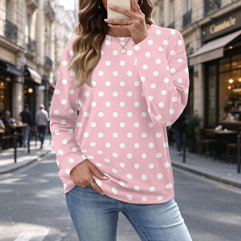 Women's Casual Polka Dot Christmas Print Top for Fall and Winter, Versatile Blouse