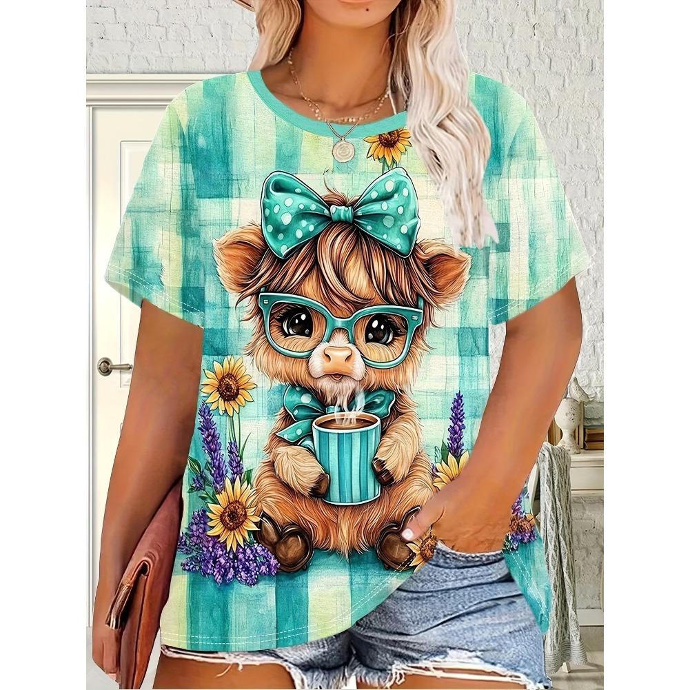 Plus Size Casual Crew Neck Short Sleeve Cartoon Animal Print T-Shirt - Soft Stretch Polyester Fabric Spring and Summer Womens Relaxed Fit Clothing