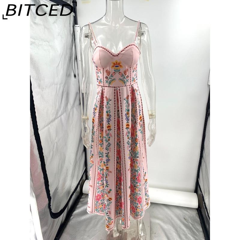 BITCED Women's Sexy Beaded Spaghetti Strap Positioned Print Resort Dress