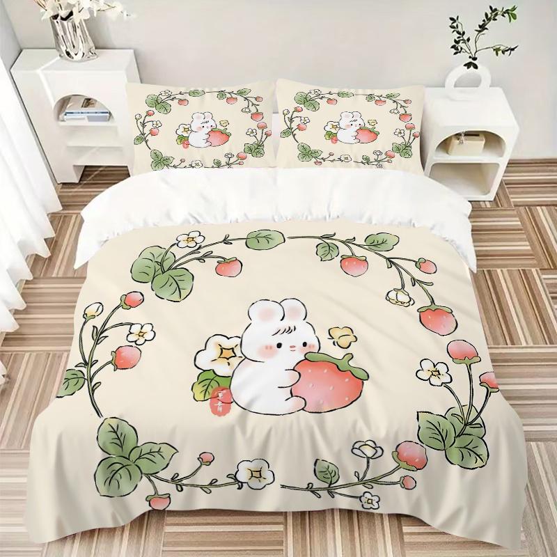 3pcs Cute Bunny & Strawberry Bedding Set - Includes 1 Quilt Cover and 2 Pillowcases, Comfortable Bedding with Stylish Design for Bedroom, Ma