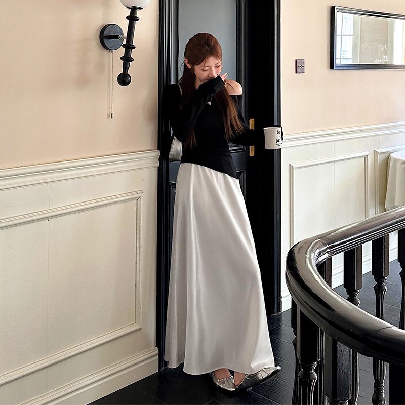 Saténová acetátová hedvábná sukně na léto Nová sukně s vysokým pasem, zeštíhlující, středně dlouhá, boková, rybí ocas, áčková, dlouhá sukně