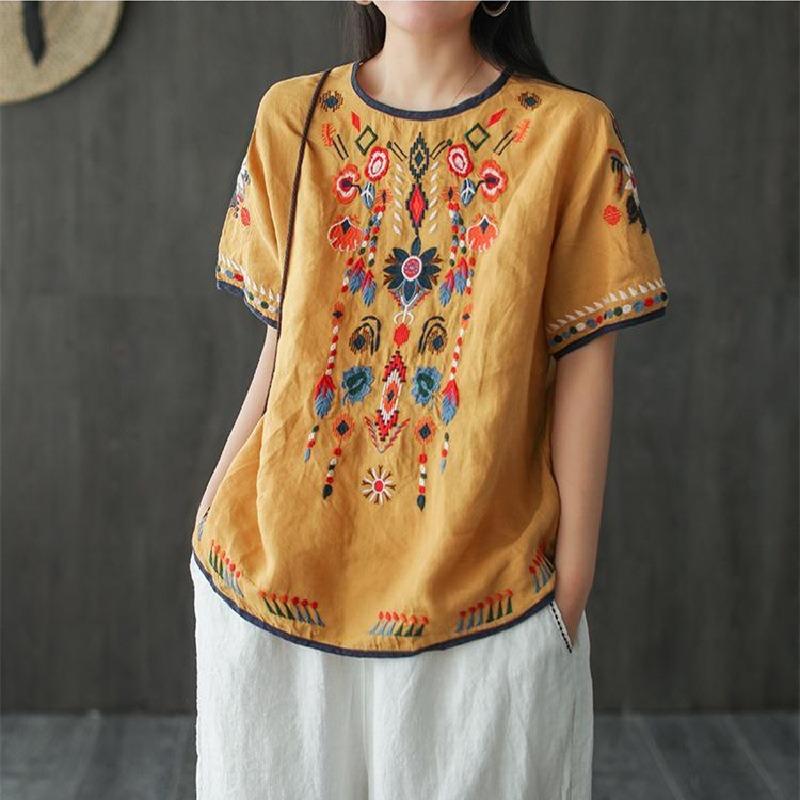 Ethnic Style Cotton and Linen Embroidered T-shirt for Women Summer Retro Loose Versatile Short-sleeved Top
