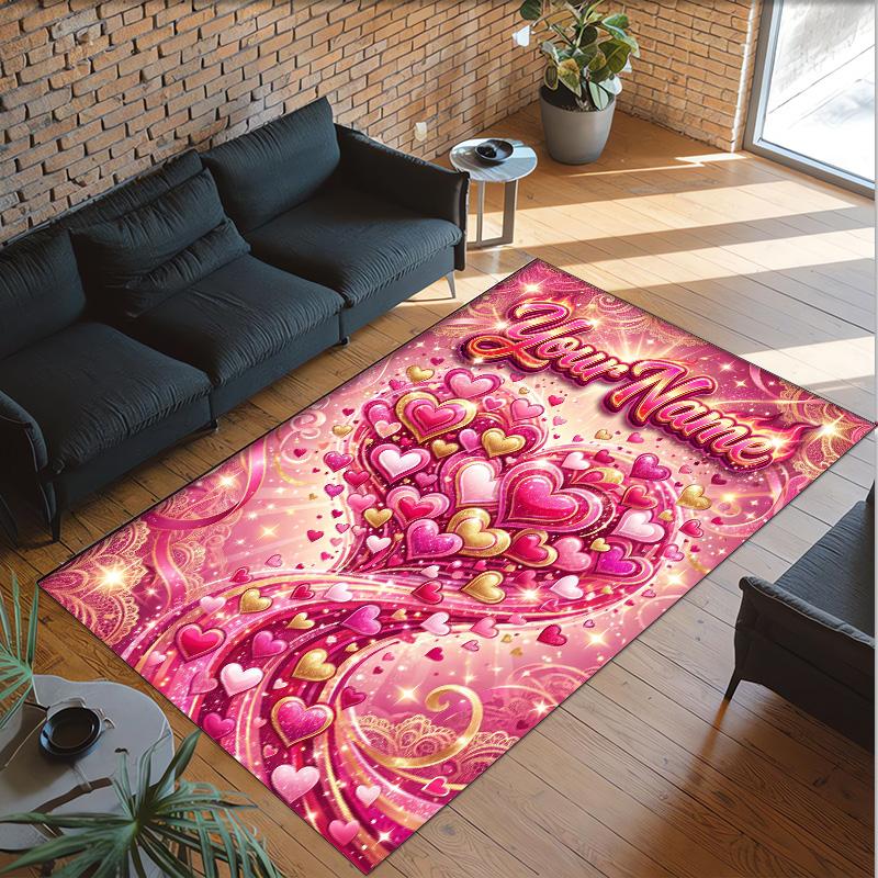 Hearts Theme Crystal Velvet Floor Rug Personalized Custom Name Text Warm Carpet Home Decoration