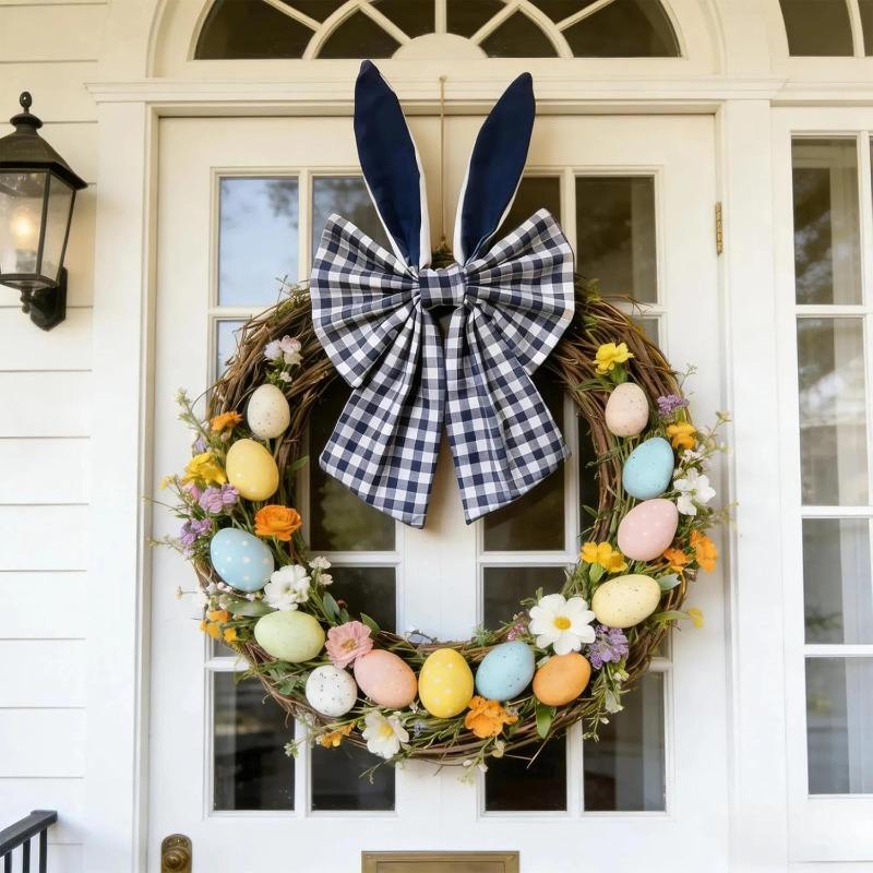 40cm Easter Bunny Ears Wreath Bow Rustic Buffalo Plaid Easter Bows for Wreaths Spring Holiday Fabric Decorative Bow for Tree Topper
