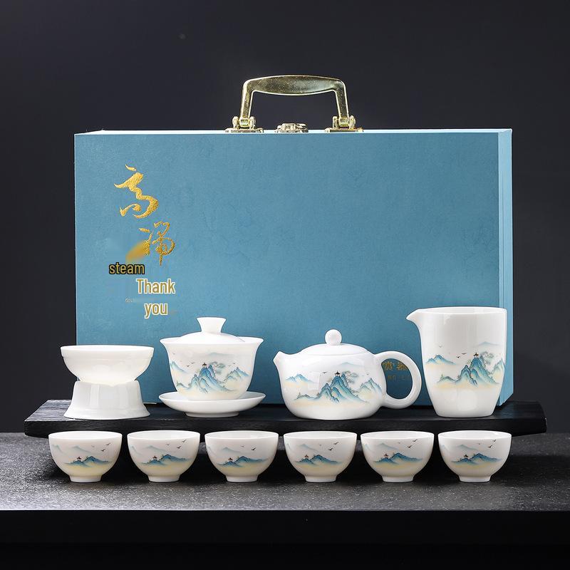 Luxury Jade White Porcelain Kung Fu Tea Set for Home or Office