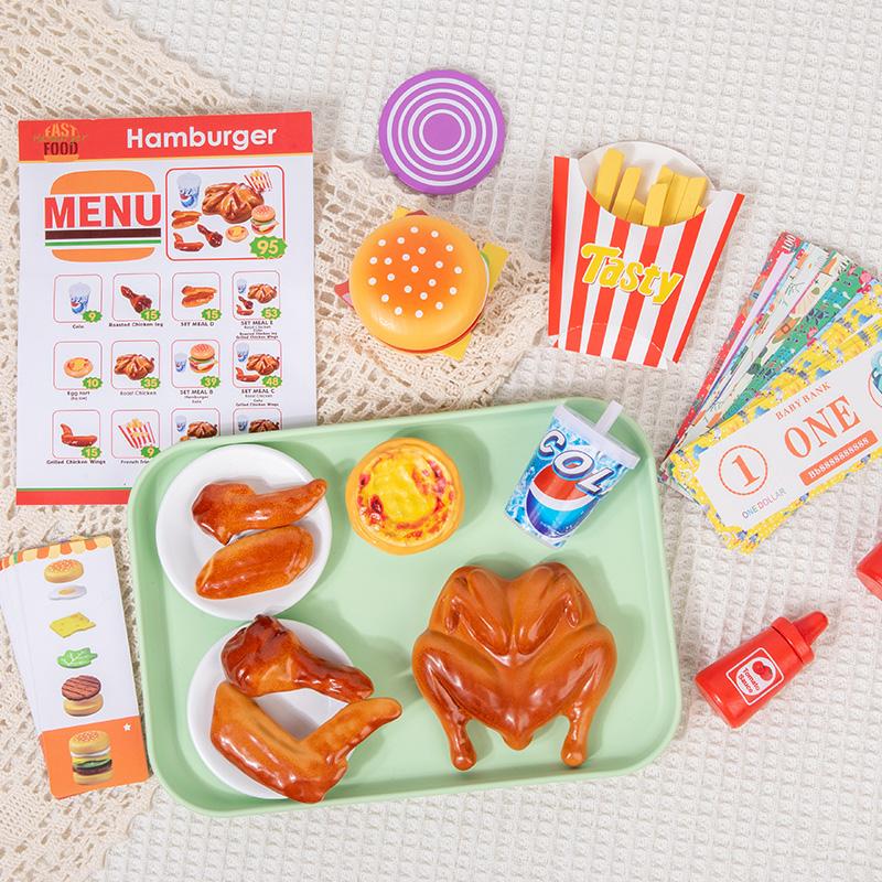 Wooden Fast Food Kitchen Pretend Play Toys Simulated Food Educational Hamburger and Fried Chicken Set Children Play house Game