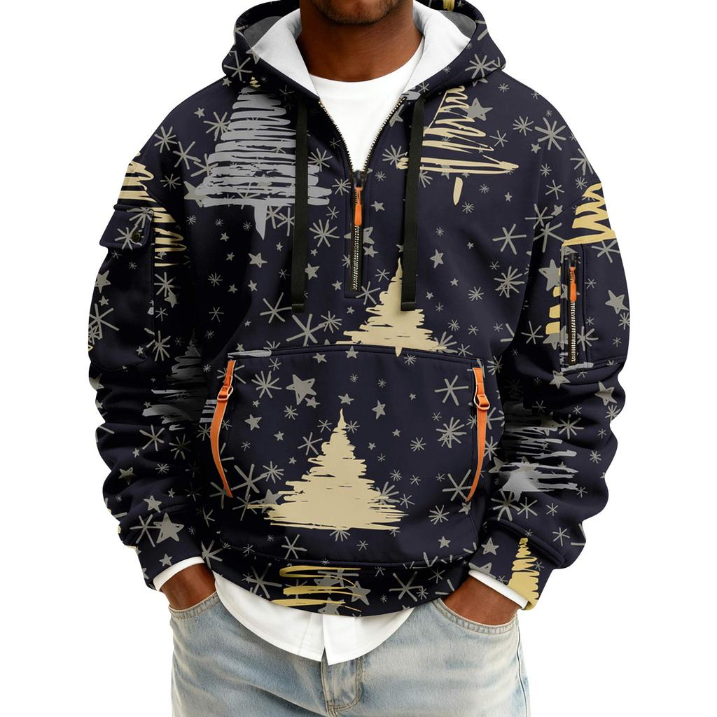 Sudadera deportiva casual de media cremallera con capucha y estampado navideño para hombre