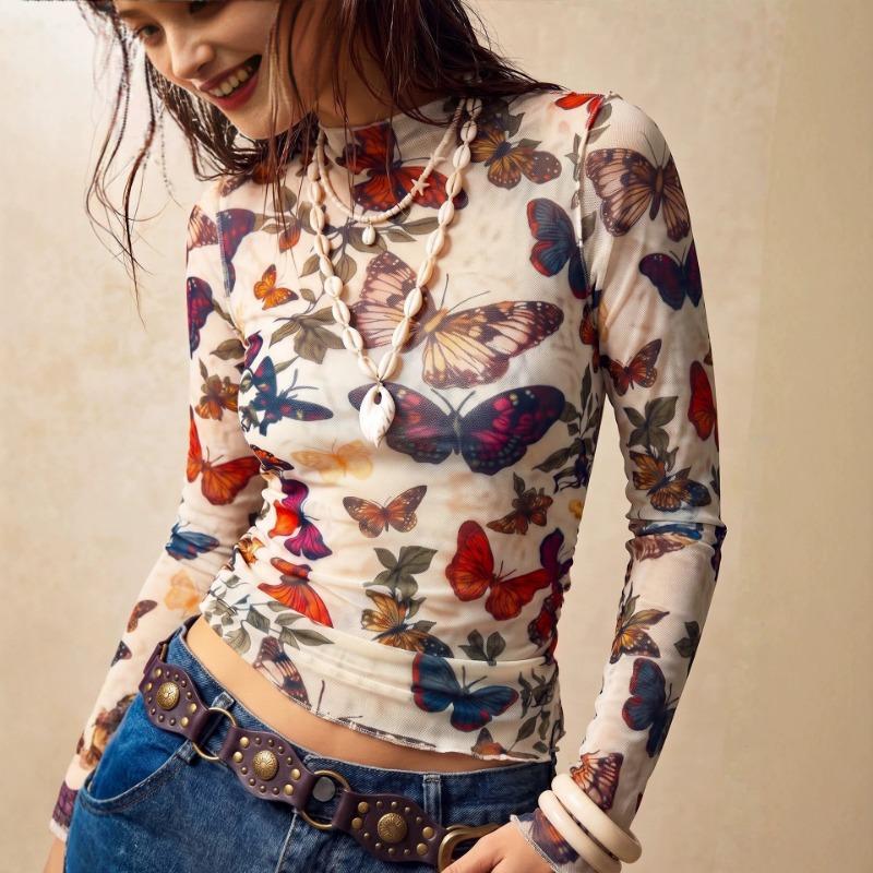 Butterfly Print Mesh Mock Neck Slim Fit Long Sleeve Top