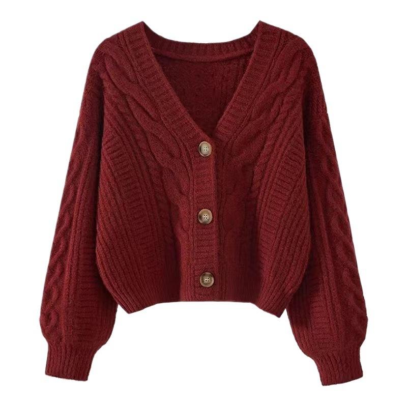V-neck Twist Sweater Women's Loose Short Autumn and Winter Japanese Style Lazy Cardigan Top for Small People