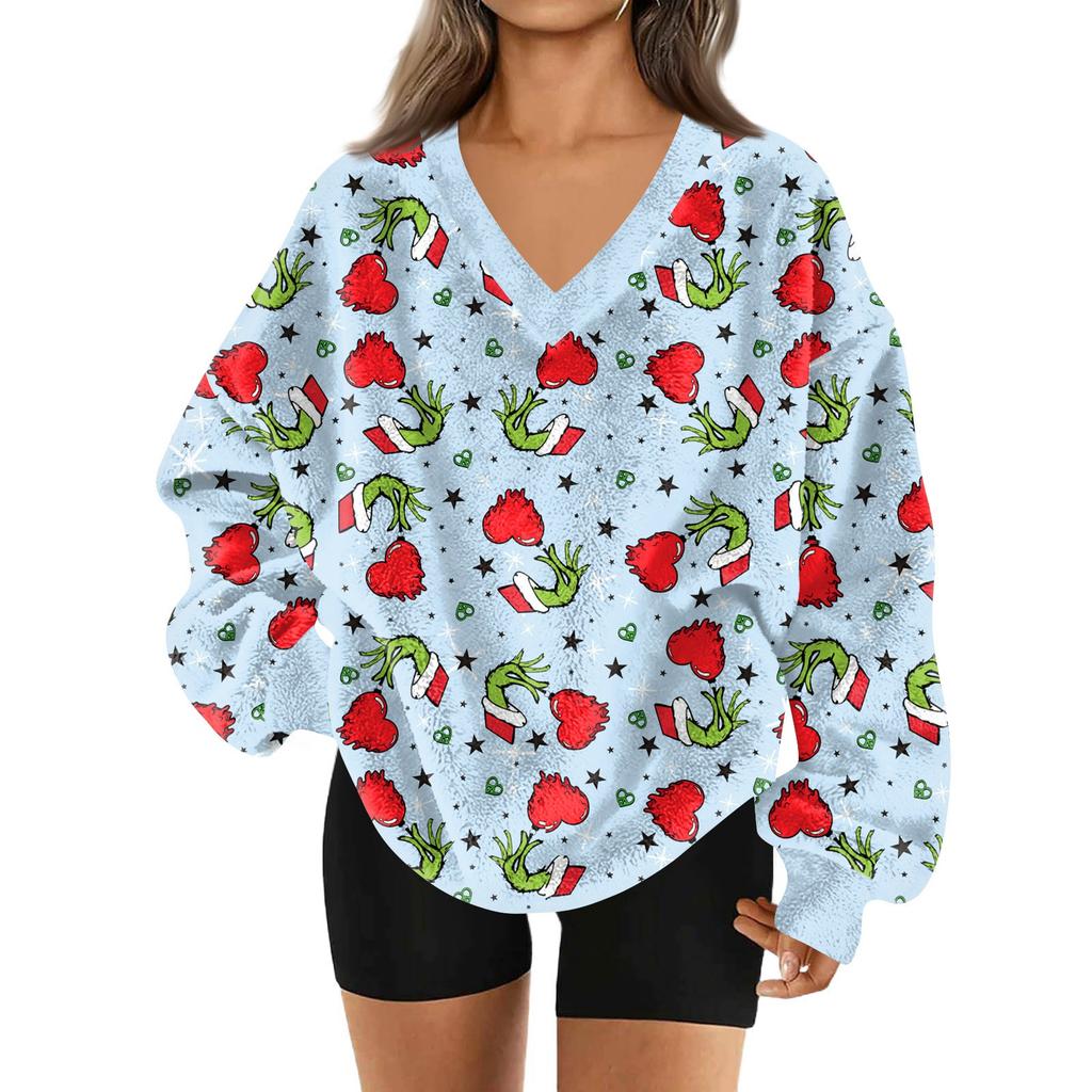 Women's Fashionable V-neck Christmas Printed Long Sleeved Casual Pullover Plush Warm Pocket Sweatshirt Top