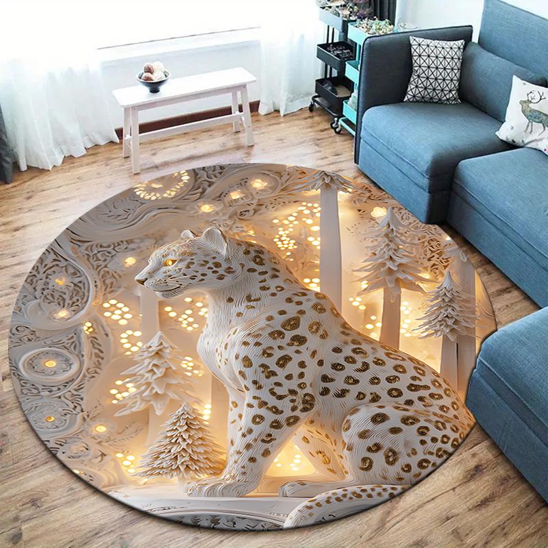 Stone Carving Leopard and Dragon Round Area Rug,Carpet Rug for Living Room Bedroom Sofa Playroom Decor,Non-slip Floor Mat
