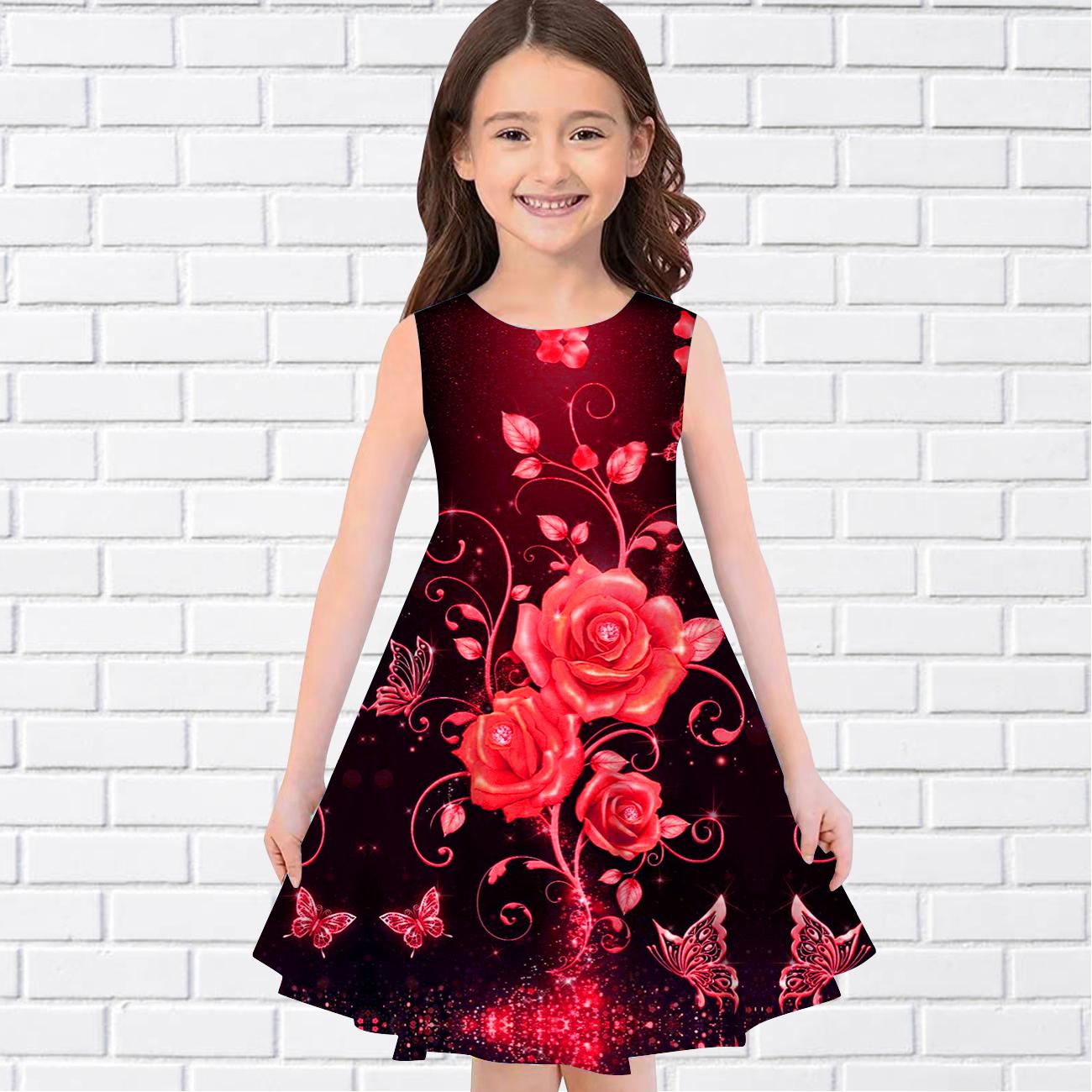 

Платья с 3D принтом для девочек, детское праздничное платье принцессы без рукавов для девочек, платье без рукавов с 3D принтом и 3 цветными розами 170 красный