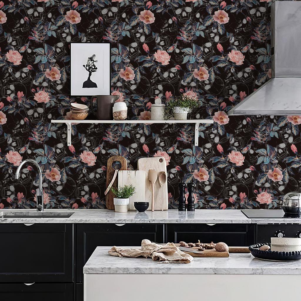 Retro Halloween Schädel Rose Wandverkleidung Wasserabweisend Abziehbar und Aufklebbar Festival Wandkontaktpapier Schick Rosa Blume Schrankaufkleber