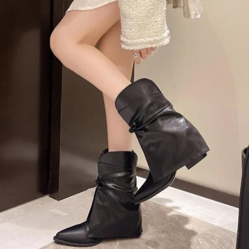 Luxury Women Ankle Boots Bow Pointed Toe Heels Shoes 2025 Trend Winter Fur Snow Boots Designer Leather Goth Botas Mujer