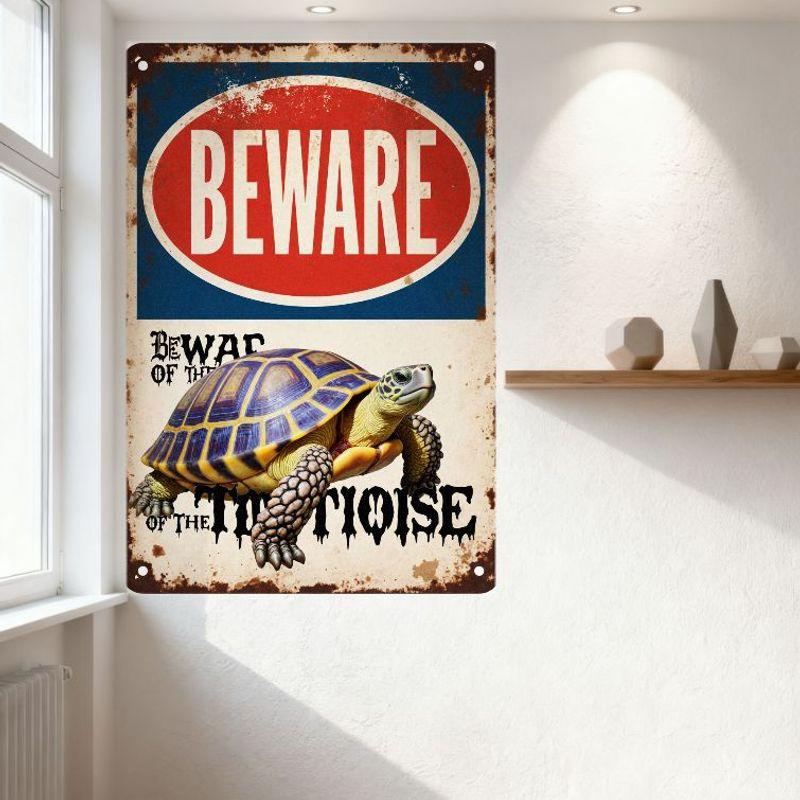 Vintage Rusty Beware of Tortoise Metal Tin Sign, Gothic Warning Text, Distressed Retro Wall Decor for Home Man Cave Cafe Bar, Hu