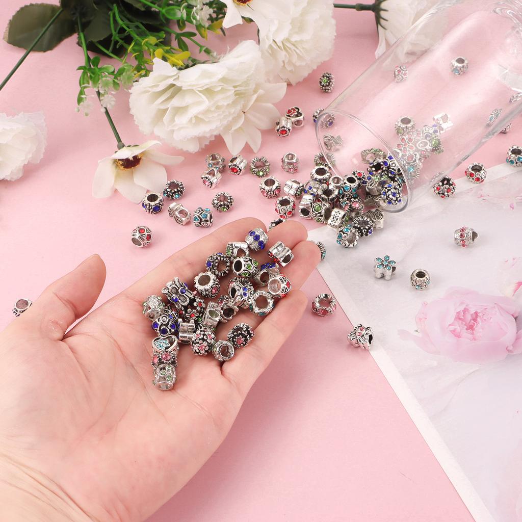 10pcs Colorful Antique Silver Rhinestone Spacer Beads Large-Hole Crystal Glass European-Style Beads for DIY Snake Chain Jewelry