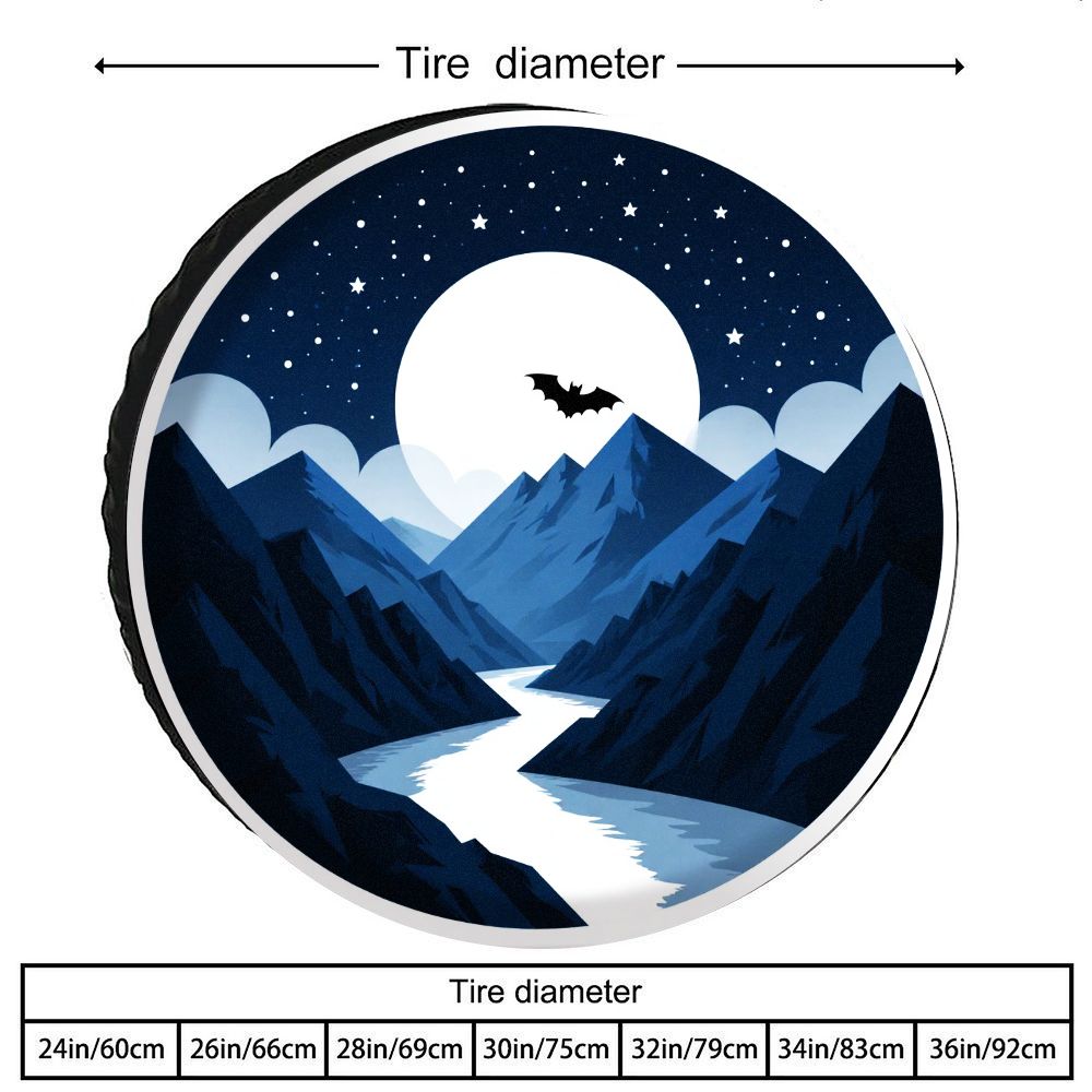 Tire Cover | Moonlit Mountain Scene Print Tire Protector, Polyester, Fits RVs, SUVs, Trucks | Cold Blue And White Illustration,