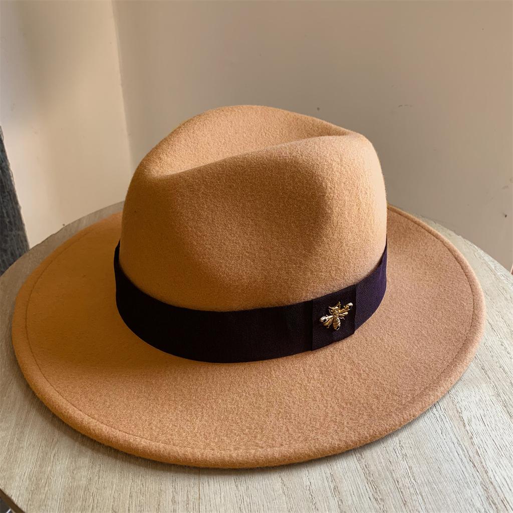 New French Wool Topper Hat with Big Brim Showing Face for Women's Little Bee British Style Versatile Jazz Hat