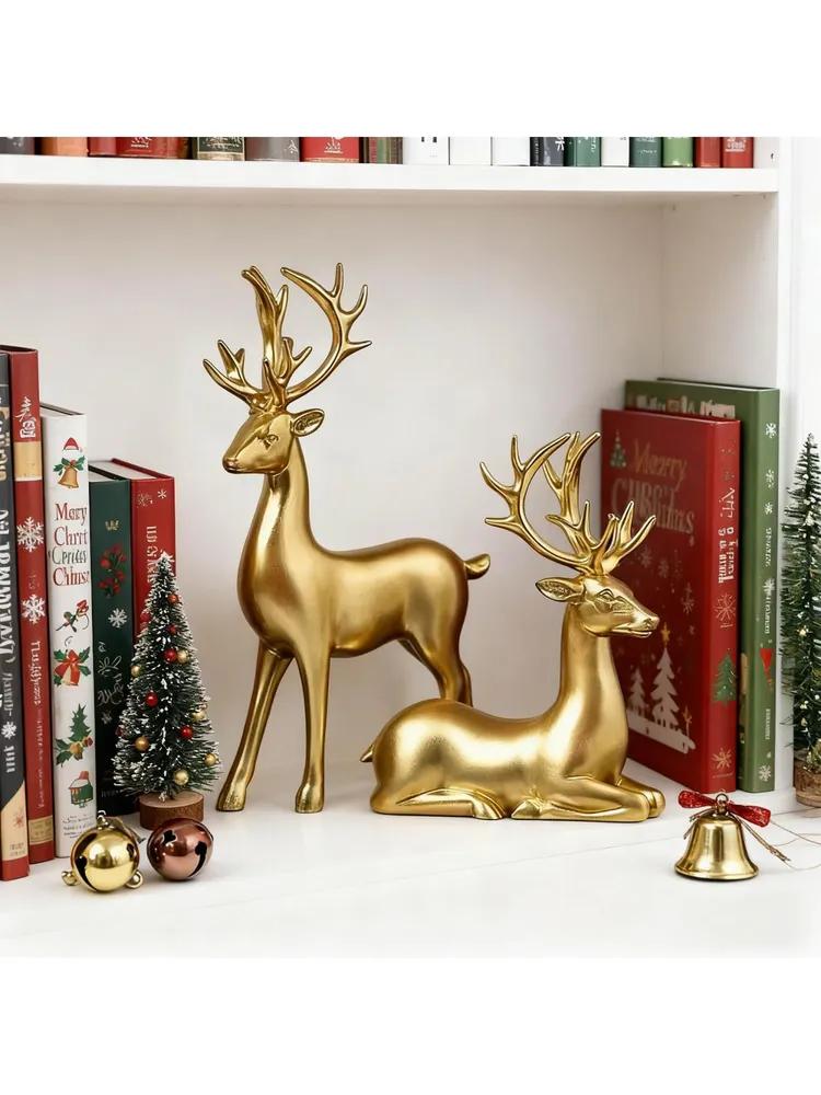 Elegant Reindeer Figurine Set – 2-Piece Christmas Tabletop Decoration, Standing & Lying Deer Statues, Gold/Silver/White/Black, Festive Home Ornament