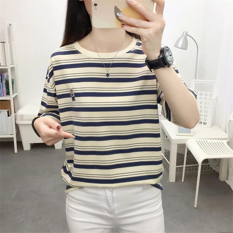 

Лето 2024, женская футболка в полоску в стиле Харадзюку с мультяшной вышивкой, женская повседневная свободная футболка с простым рисунком, уличная одежда, женские графические бело-зеленые топы