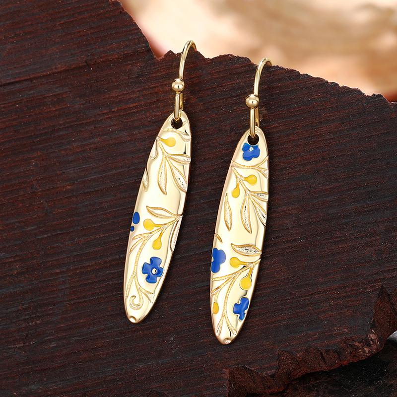 Huitan Blue Flower Yellow Leaf Carved Earrings for Women Handmade Unique Female Ear Accessories Dance Party Statement Jewelry