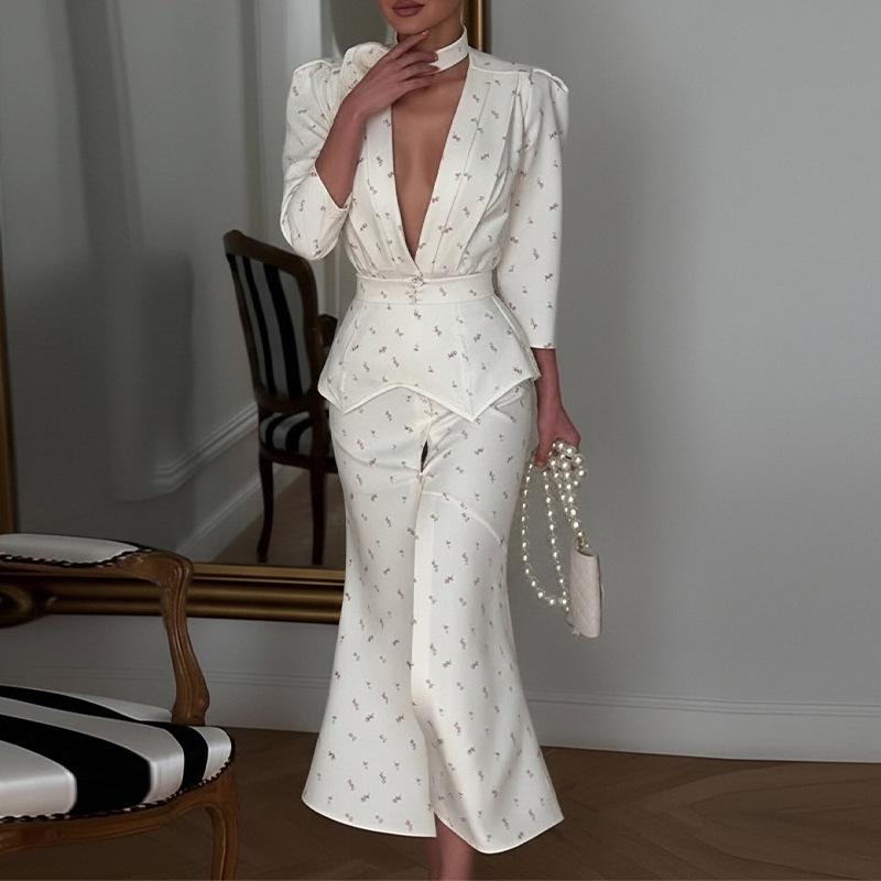 2026 spring new women's clothing, cross-border Amazon Europe and the United States, fashionable and elegant commuter printed V-neck dress set
