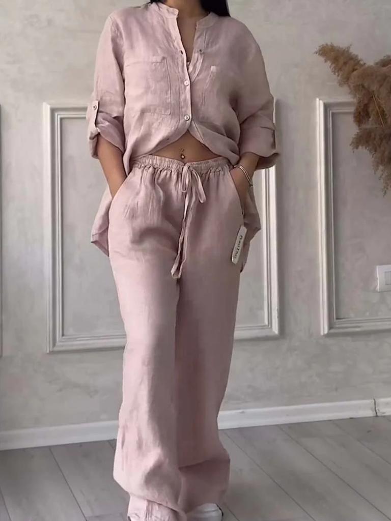 New Women's Solid Color One-Button Long Sleeve Shirt Two-Piece Set Wide Leg Pants with Tie Waist Trousers for Women