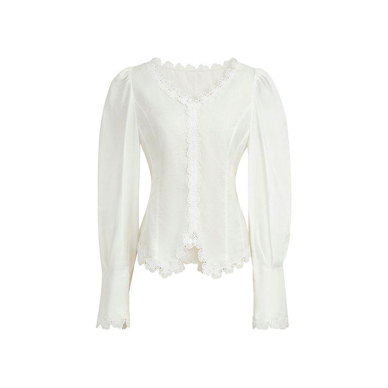 

Suk Nanyang Gold! French Romantic Lace V-neck Patchwork Gigot Sleeve Waist-Tight Slim Looking Temperament Shirt Women White S
