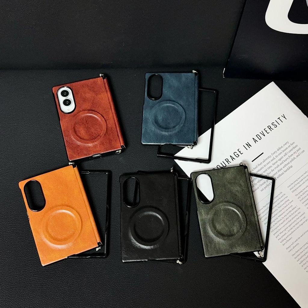 Applicable To Samsung ZFold1 Wide Folding Mobile Phone Case Crazy Horse Pattern Magnetic Belt Front Frame Side Buckle Middle Shaft Anti-drop