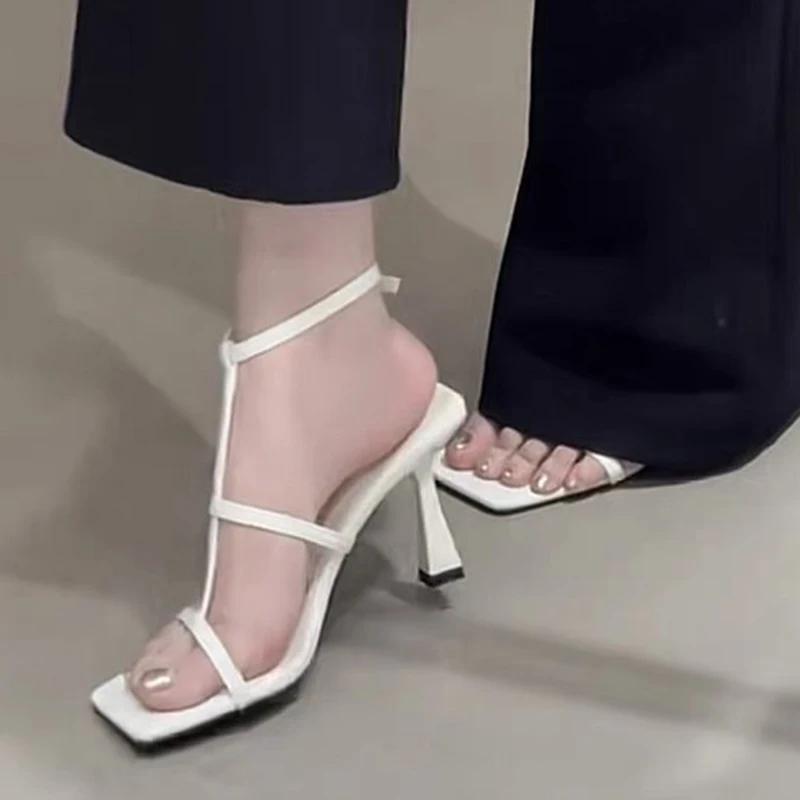 Fashion Women's Thin Strap Anckle Buckle Sandals Luxury Square Toe Thin Heel Sandalias Female High Quality Party Platform Sandals Mujer