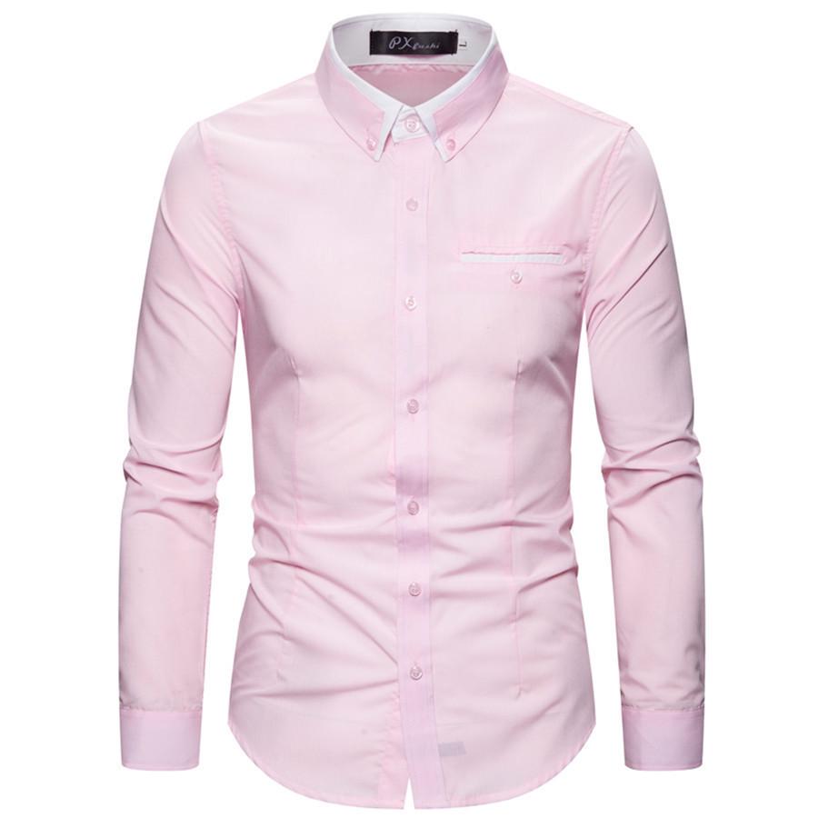 Men's Autumn Fashion Double Collar Solid Color Slim Fit Long Sleeve Shirt