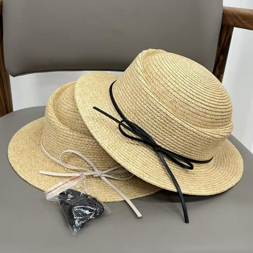 French bow concave top straw hat women's new straw hat summer flat brim beach seaside vacation sun hat