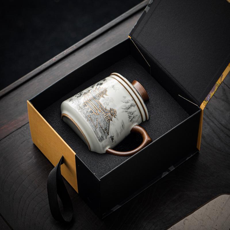 Fengtenwang Pavilion Ru Kiln Office Cup Tea Separation Ceramic Cup Mug Merchandise High-end Business Gifts