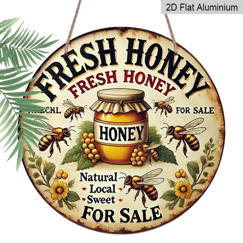 

2D Flat Retro Fresh Honey Discount Aluminum Wall Logo-8x8 Inch Country Farmhouse Decoration with Bee and Jar Art, Humorous Kitchen Plaque Suitable 1pc
