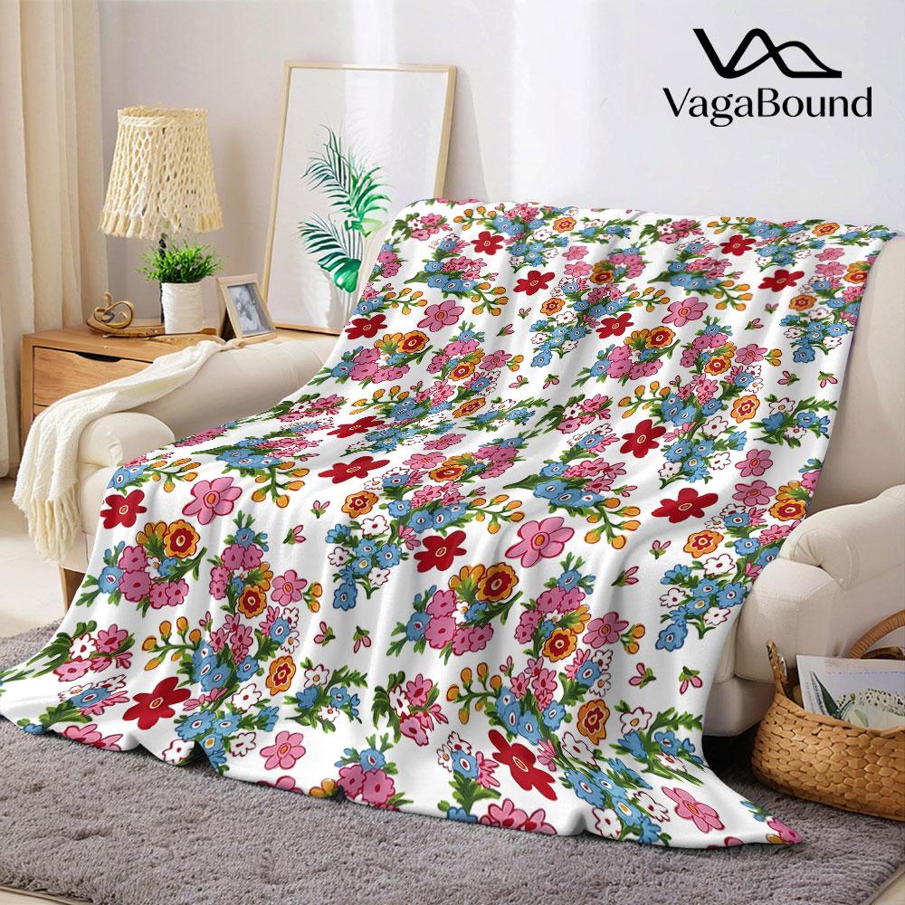 vintage ditsy floral red blue Flannel Blanket Warm Soft Halloween Christmas Decorative Couch Warm Cozy All-Season Gift