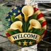 2D Flat 1pc, 8x8 in, Patriotic Welcome Sign - Round Aluminum Metal Wall Decor with American Flag & Calla Lilies, Garage, Cafe, Yard, Door - Perfect