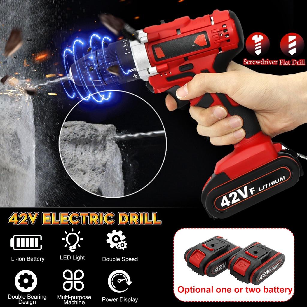 Electric Cordless Drill Screwdriver 25+1 Torque LED Work Light w/ 2 Battery 42V