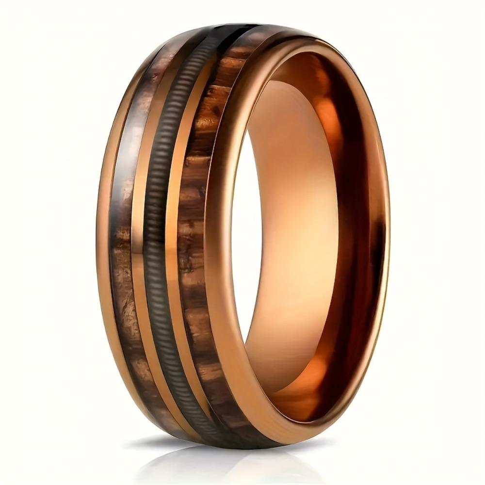 Single Piece Retro Niche 8mm Stainless Steel Smooth Inlaid Guitar Wire Barrel Wood Ring Men's And Women's Ring