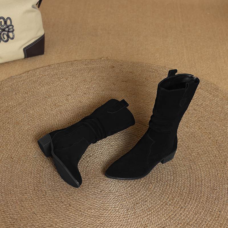 Krazing Pot Nubuc din piele intoarsa de vaci Cizme de iarna cu varf rotund cu toc mediu pentru femei Cizme cu pliuri retro elegante pentru femei la mijlocul gambei