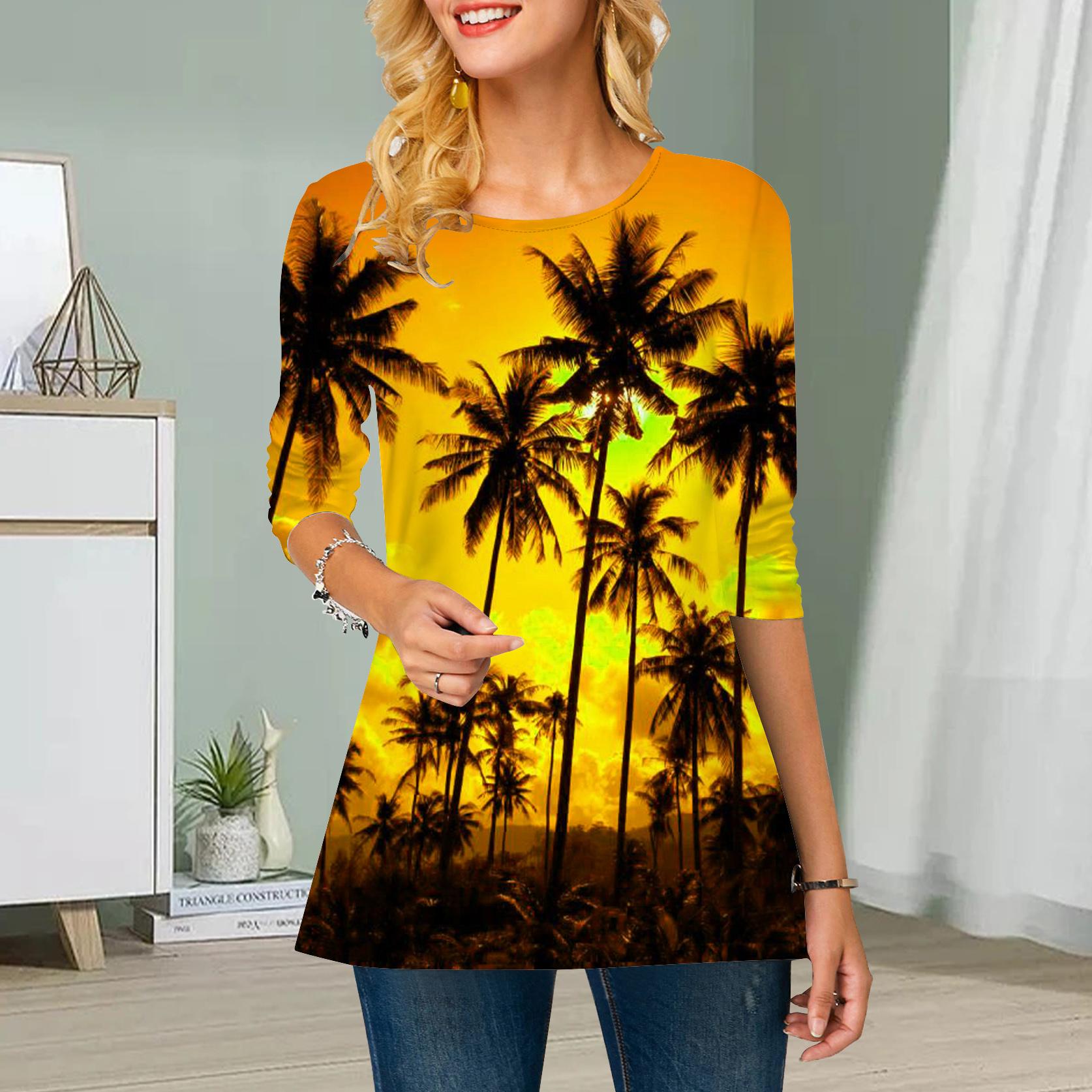 

Плюс Размер Женский Цветочный Приморский Принт Круглый Вырез Повседневный Свободный Топ С Длинным Рукавом 8XL жёлтый