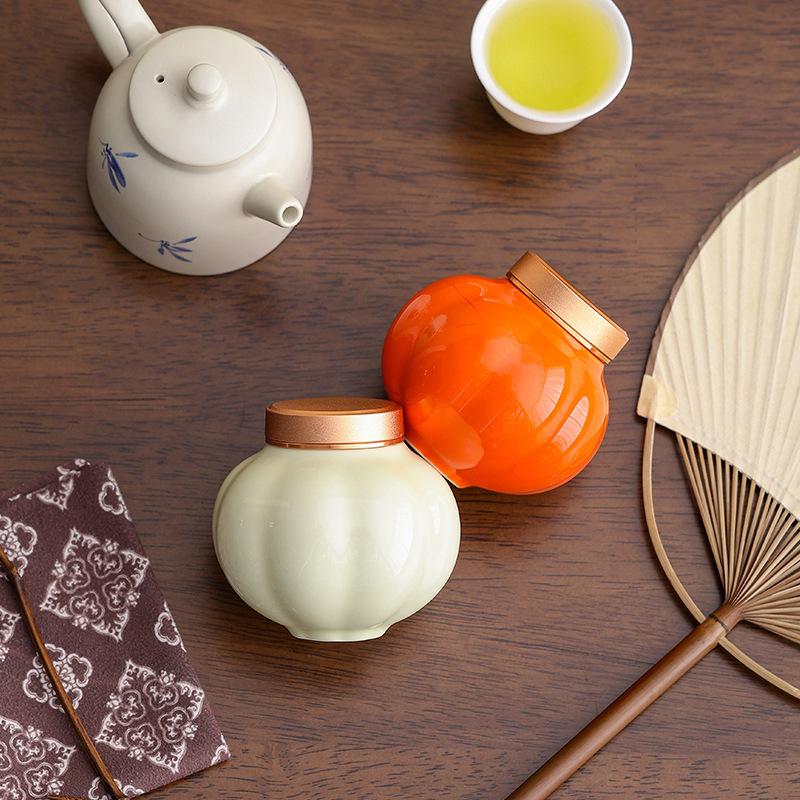 Modern Lantern Pumpkin-shaped Ceramic Tea Caddy Minimalist Spice Pill Storage Jar with Alloy Lid Sealed Moisture-proof Container