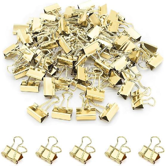 100 Pack Mini Gold Binder Clips 5/8 Inch (15 mm), Colored Little Paper Clamps, Small Tiny Micro Size Paper Clips for Office Home School Business 0.6"