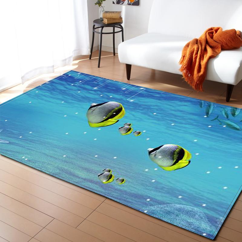 Ocean Corals Living Room Area Rug Fish 3D Carpets Boys Bedroom Play Rugs for Children Room Flannel Kitchen Mat Doormat Entrance