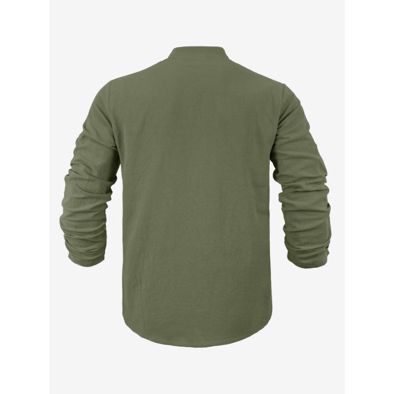 Men S Linen Blend Solid Color Long Sleeve Stand Collar Casual Shirt