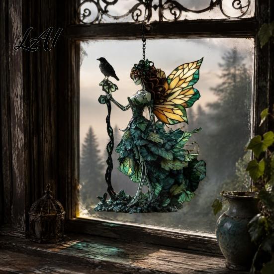 Home Interior Decorations Stained Glass Style Skeleton Fairy Window Hanging Suncatcher Acrylic Decorative Ornament with Butterfly Wings Garden Decor