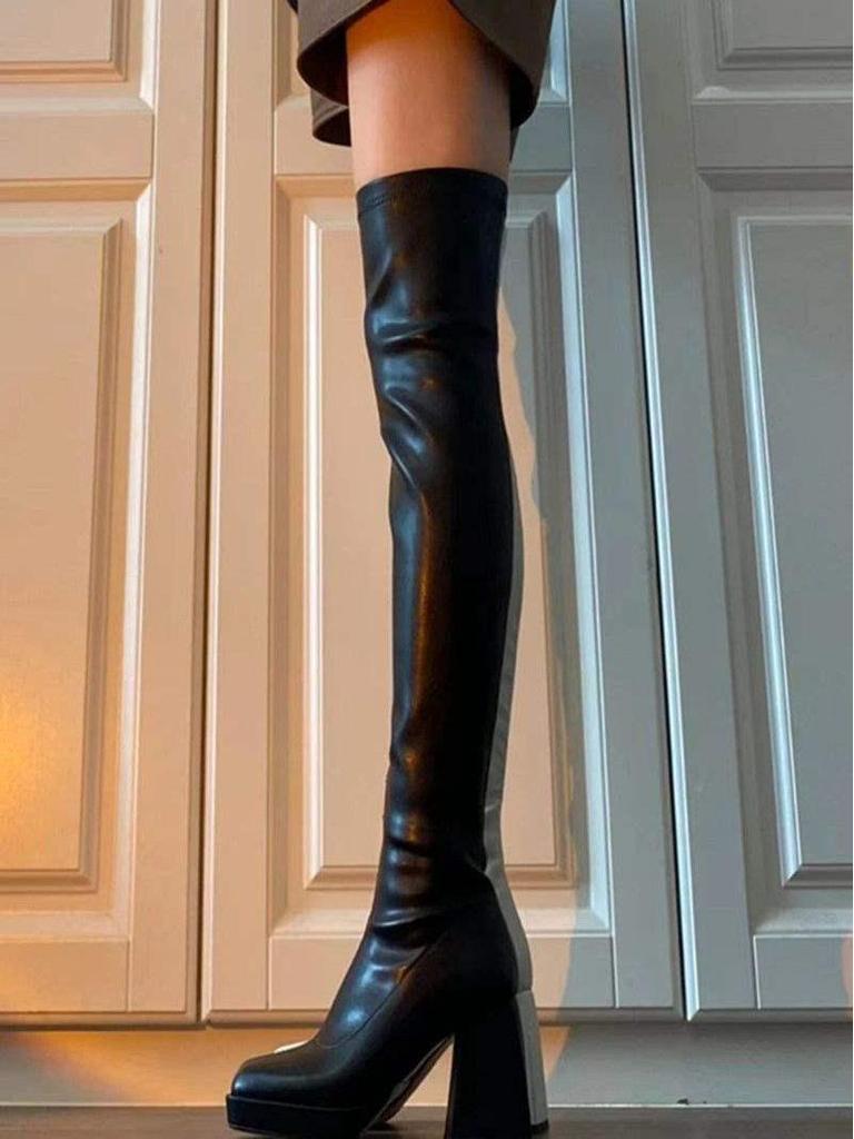 Botas de Tacón Grueso por Encima de la Rodilla con Punta Cuadrada y Suela Gruesa de Terciopelo para Mujer - Colección Otoño/Invierno