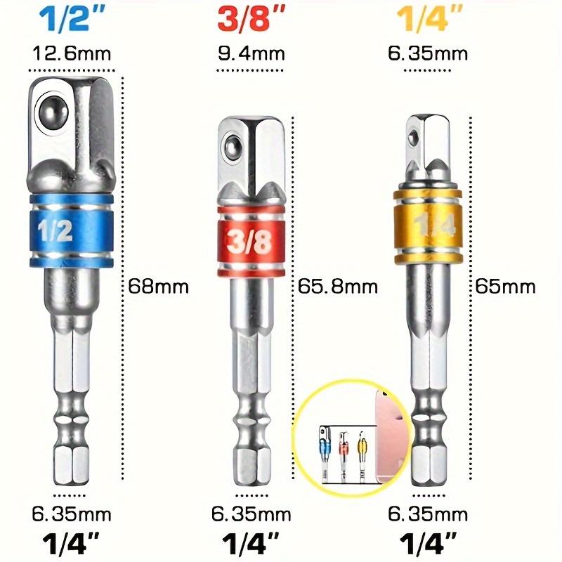 [Durable Adapters] 3pcs Durable Alloy Color-Coded Impact Socket Adapters - 1/4", 3/8", 1/2" Hex | Compatible with Cordless Drills, Square Drill Bits