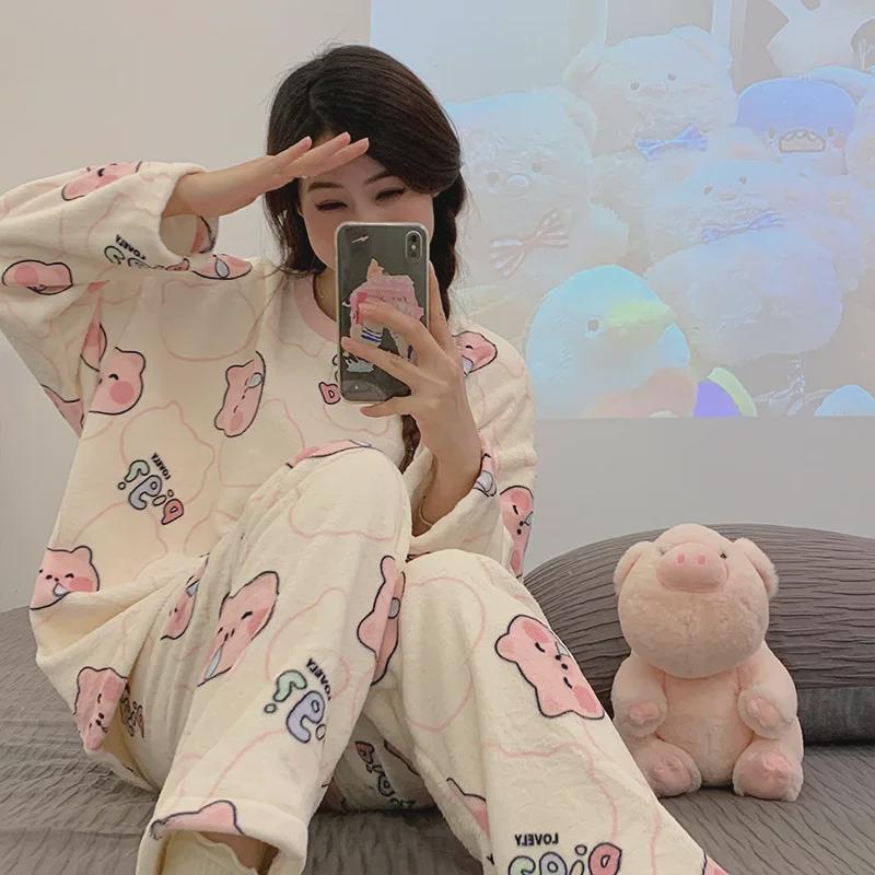 Cozy Coral Fleece Cartoon Pajama Set for Women – Perfect for Autumn and Winter