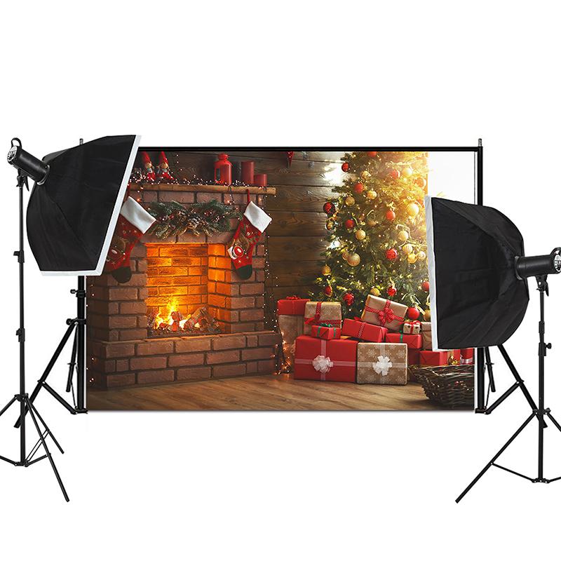 Christmas Photography Backdrop Vinyl Winter Snow Tree Fireplace Photo Background for Holiday Party Studio Kids Portrait Decoration