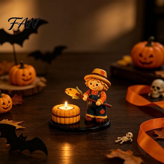 Fall Theme Room Decor Halloween Campfire Tealight Holder, Mummy Ghost Scarecrow Resin Decorative Ornaments Candle Stand for Desk, Harvest Table